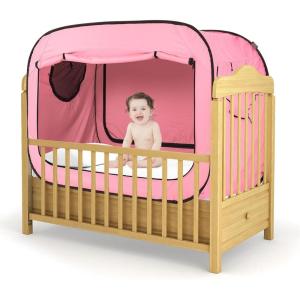imagePoray Pop Up Baby Bed Tent Privacy Tent for Toddler Sleeping with 2 Zipper DoorsBreathable Mesh Windows and Portable Carry BagPink