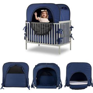 imagePoray Pop up Baby Privacy Bed Tent Sleeping Crib Tent Cover for ToddlerBlocks 80 Light with Monitor and Fan Pouch Design with Zipper DoorsBreathable Mesh WindowsDeep Blue