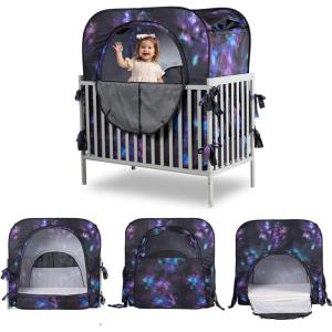 imagePoray Pop up Baby Privacy Bed Tent Sleeping Crib Tent Cover for ToddlerBlocks 80 Light with Monitor and Fan Pouch Design with Zipper DoorsBreathable Mesh WindowsGalaxy