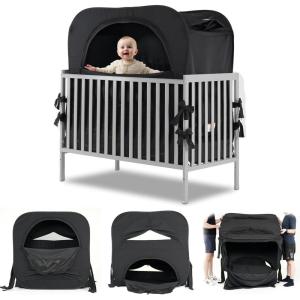 imagePoray Pop up Baby Privacy Bed Tent Sleeping Crib Tent Cover for ToddlerBlocks 80 Light with Monitor and Fan Pouch Design with Zipper DoorsBreathable Mesh WindowsBlack