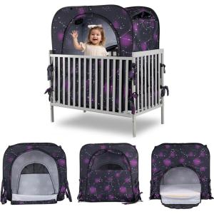 imagePoray Pop up Baby Privacy Bed Tent Sleeping Crib Tent Cover for ToddlerBlocks 80 Light with Monitor and Fan Pouch Design with Zipper DoorsBreathable Mesh WindowsStarry Constellation