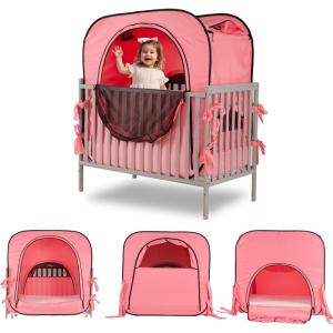 imagePoray Pop up Baby Privacy Bed Tent Sleeping Crib Tent Cover for ToddlerBlocks 80 Light with Monitor and Fan Pouch Design with Zipper DoorsBreathable Mesh WindowsPink