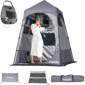 imageCamping Shower Tent Deluxe Changing Room Easy Set Up Privacy ShelterLarge Toilet Tent with Floor Drain Design for Beach CampingHiking with Stakes and Ropes for Stability1 Room GreyBlack