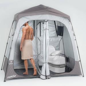 imageCamping Shower Tent Deluxe Changing Room Easy Set Up Privacy ShelterLarge Toilet Tent with Floor Drain Design for Beach CampingHiking with Stakes and Ropes for Stability2 Room GreyBrown