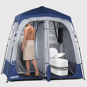 imageCamping Shower Tent Deluxe Changing Room Easy Set Up Privacy ShelterLarge Toilet Tent with Floor Drain Design for Beach CampingHiking with Stakes and Ropes for Stability2 Room GreyNavy Blue