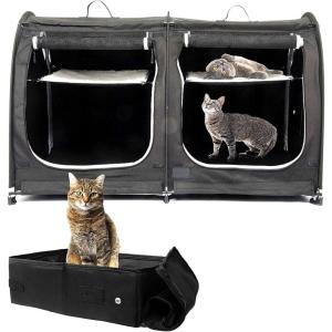 imageMispace Portable 2 Pet Carriers for Cats Collapsible Cat Condo for Car Travel Pet Kennel Show Cages with Portable Carry Bag Hammocks Mats and Litter BoxBlack
