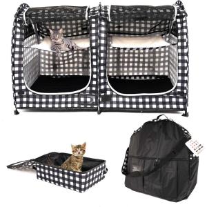 imageMispace Portable Twin Compartment Show House Cat Cage CondoComfy Puppy Home Dog Travel Crate with Carry Bag2 HammocksMats ampamp Collapsible Litter BoxBlack  White