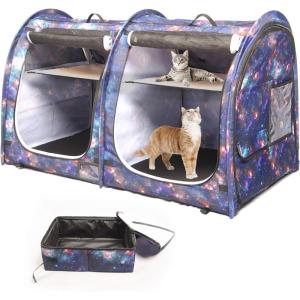 imageMispace Portable Twin Compartment Show House Cat Cage CondoComfy Puppy Home Dog Travel Crate with Carry Bag2 HammocksMats ampamp Collapsible Litter BoxThe starry sky