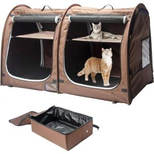 imageMispace Portable Twin Compartment Show House Cat Cage CondoComfy Puppy Home Dog Travel Crate with Carry Bag2 HammocksMats ampamp Collapsible Litter BoxBrown