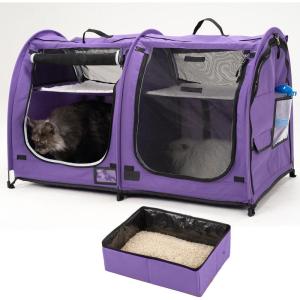 imageMispace Portable Twin Compartment Show House Cat Cage CondoComfy Puppy Home Dog Travel Crate with Carry Bag2 HammocksMats ampamp Collapsible Litter BoxLavender