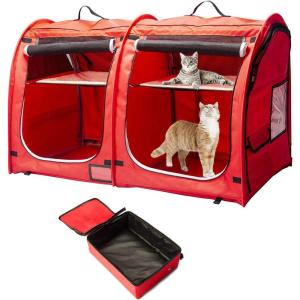 imageMispace Portable Twin Compartment Show House Cat Cage CondoComfy Puppy Home Dog Travel Crate with Carry Bag2 HammocksMats ampamp Collapsible Litter BoxRed