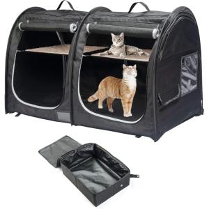 imageMispace Portable Twin Compartment Show House Cat Cage CondoComfy Puppy Home Dog Travel Crate with Carry Bag2 HammocksMats ampamp Collapsible Litter BoxBlack