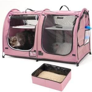 imageMispace Portable Twin Compartment Show House Cat Cage CondoComfy Puppy Home Dog Travel Crate with Carry Bag2 HammocksMats ampamp Collapsible Litter BoxPink
