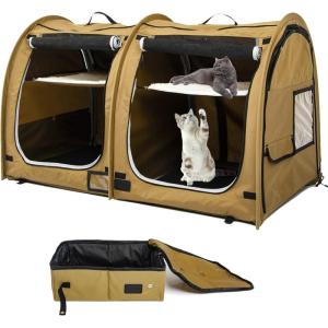 imageMispace Portable Twin Compartment Show House Cat Cage CondoComfy Puppy Home Dog Travel Crate with Carry Bag2 HammocksMats ampamp Collapsible Litter BoxLight Brown