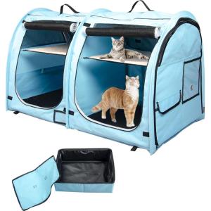 imageMispace Portable Twin Compartment Show House Cat Cage CondoComfy Puppy Home Dog Travel Crate with Carry Bag2 HammocksMats ampamp Collapsible Litter BoxBlue