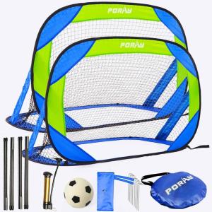 imagePorayhut Pop up Soccer Goal and Ball Sets Portable Soccer Net for TrainingSet of 2 Easy Assembly with Compact Carrying BagGift for Kids with Pump and 8 Stakes4FT Blue Green Goal Set