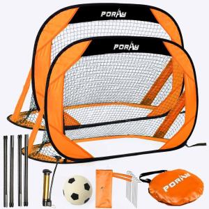 imagePorayhut Pop up Soccer Goal and Ball Sets Portable Soccer Net for TrainingSet of 2 Easy Assembly with Compact Carrying BagGift for Kids with Pump and 8 Stakes4FT Vibrant Orange Goal Set