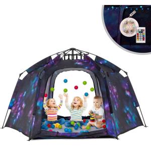 imagePortable Hexagon Kids Play Tent with LED Strip Lights Indoor Children Play House Easy Setup Space Large Dream Tent for Night 45 Person ampamp Birthday GiftsDark Galaxy
