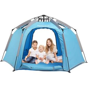imagePortable Hexagon Kids Play Tent with LED Strip Lights Indoor Children Play House Easy Setup Space Large Dream Tent for Night 45 Person ampamp Birthday GiftsBlue