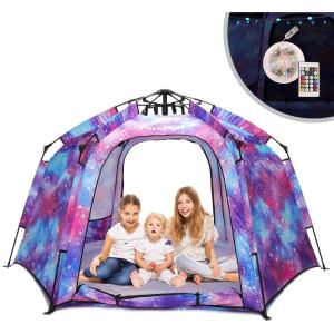 imagePortable Hexagon Kids Play Tent with LED Strip Lights Indoor Children Play House Easy Setup Space Large Dream Tent for Night 45 Person ampamp Birthday GiftsUnicorn Galaxy
