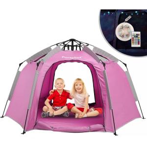 imagePortable Hexagon Kids Play Tent with LED Strip Lights Indoor Children Play House Easy Setup Space Large Dream Tent for Night 45 Person ampamp Birthday GiftsPink