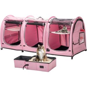 imagePortable Three Compartment Show House Cat Cage Condo  Easy to Fold ampamp Carry Kennel  Comfy Puppy Home ampamp Dog Travel Crate with Portable Carry Bag2 Hammocks3 Mats and Collapsible Litter BoxsPINK