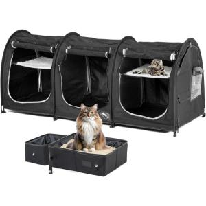 imagePortable Three Compartment Show House Cat Cage Condo  Easy to Fold ampamp Carry Kennel  Comfy Puppy Home ampamp Dog Travel Crate with Portable Carry Bag2 Hammocks3 Mats and Collapsible Litter BoxsBlack