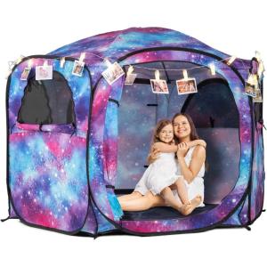 imagePorayhut Galaxy Pop Up Play Tent for Kids 67 Hexagonal Privacy Sensory Tent with Removable Thick Mat amp LED Photo Clip Lights Light Blocking Indoor Outdoor Playhouse for Boys amp Girls Space CastleUnicorn