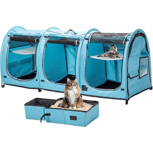 image:imagePortable Three Compartment Show House Cat Cage Condo  Easy to Fold amp Carry Kennel  Comfy Puppy Home amp Dog Travel Crate with Portable Carry Bag2 Hammocks3 Mats and Collapsible Litter BoxsBlue